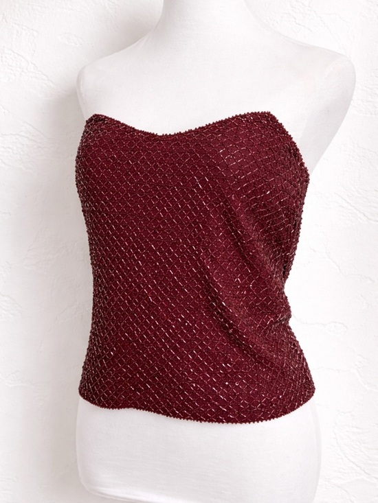 Vintage Tops - Y2K 100% Silk Beaded Tube Top Crimson Whimsigoth Strapless Corset XS